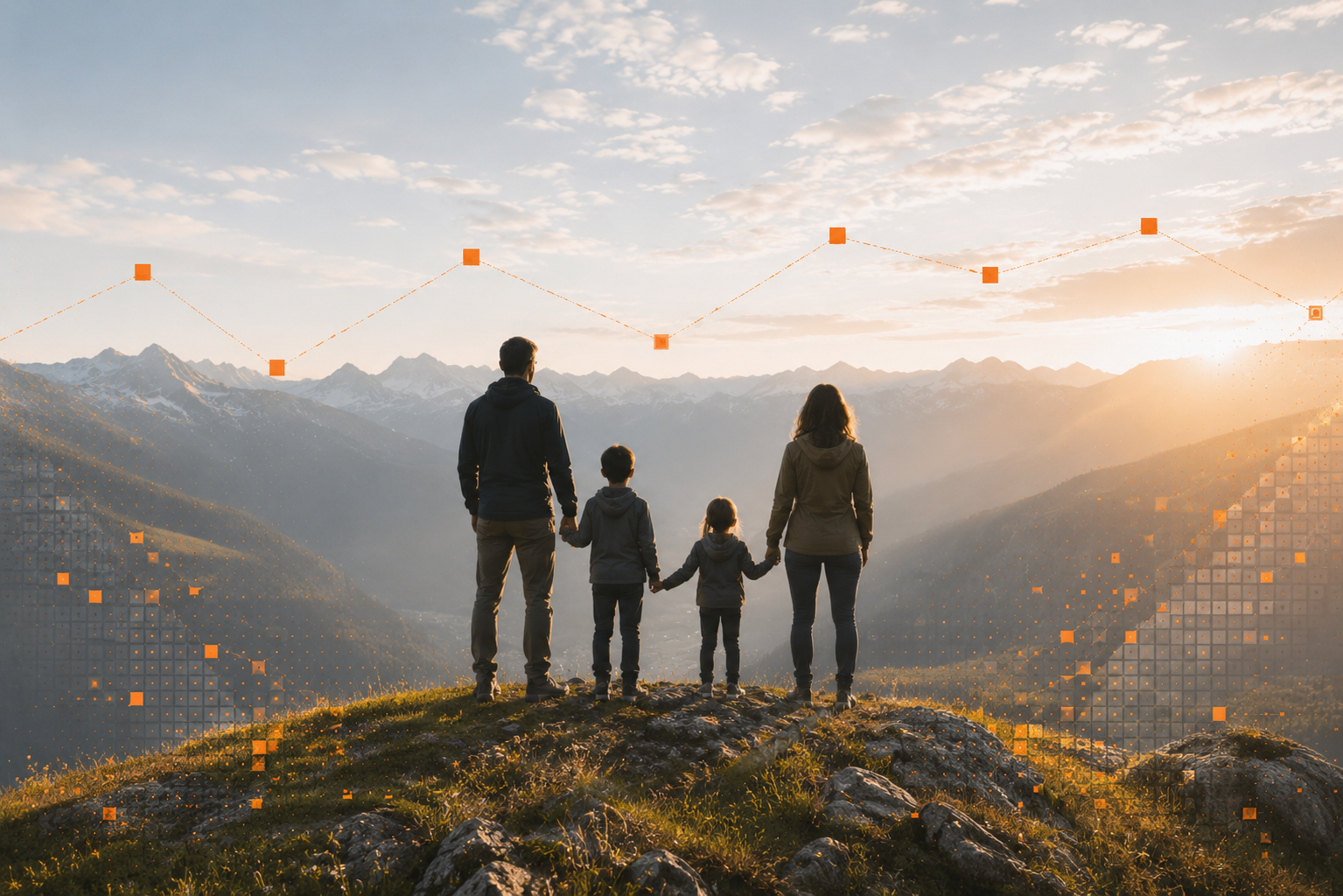 Familiensilhouetten vor Bergketten mit digitalen Finanzlinien